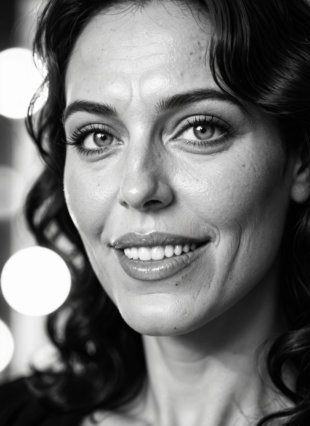 monochrome, greyscale, solo, 1girl, realistic, smile · Yamete.gg