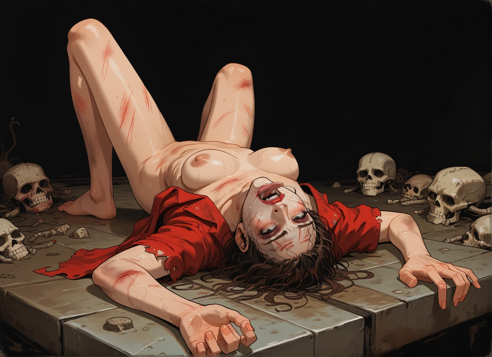 1girl, breasts, nipples, skull, lying, solo · Yamete.gg
