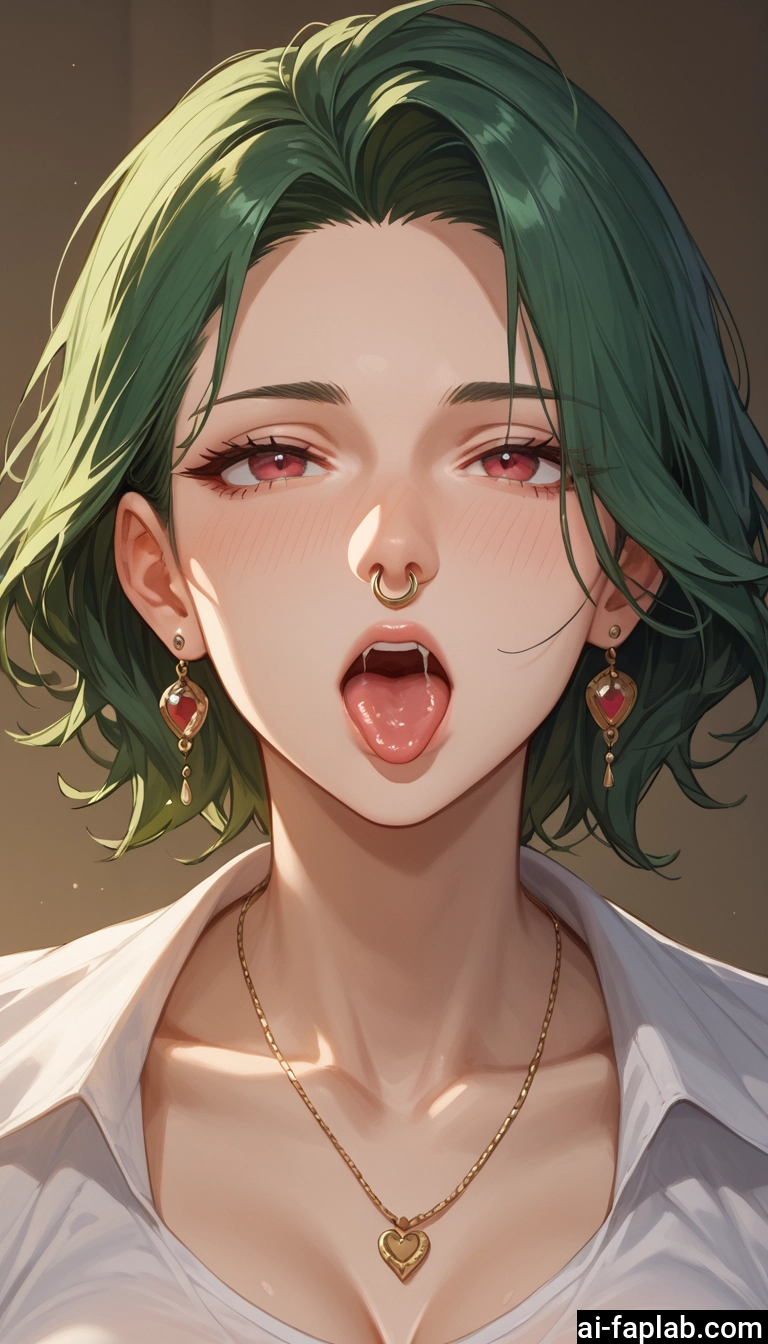1girl, jewelry, earrings, green hair, solo, tongue · Yamete.gg