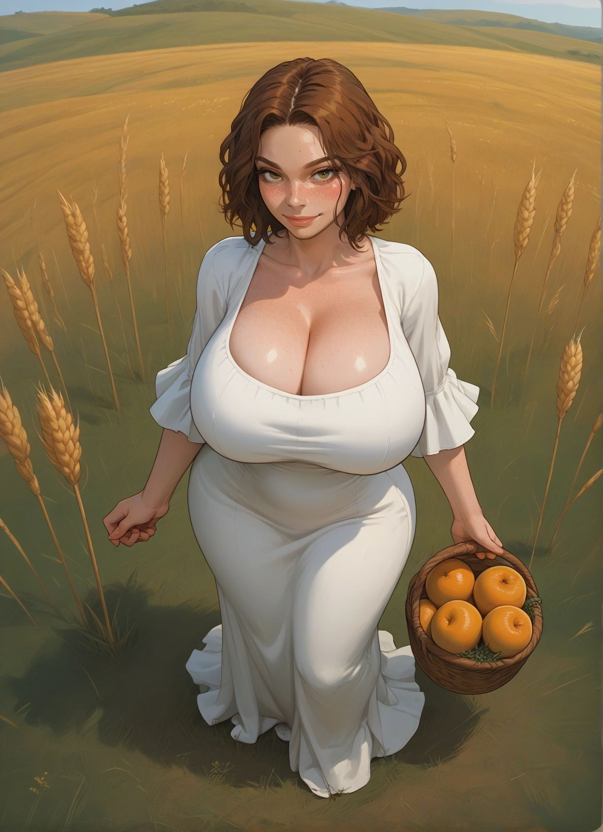 1girl, breasts, brown hair, cleavage, solo, dress · Yamete.gg