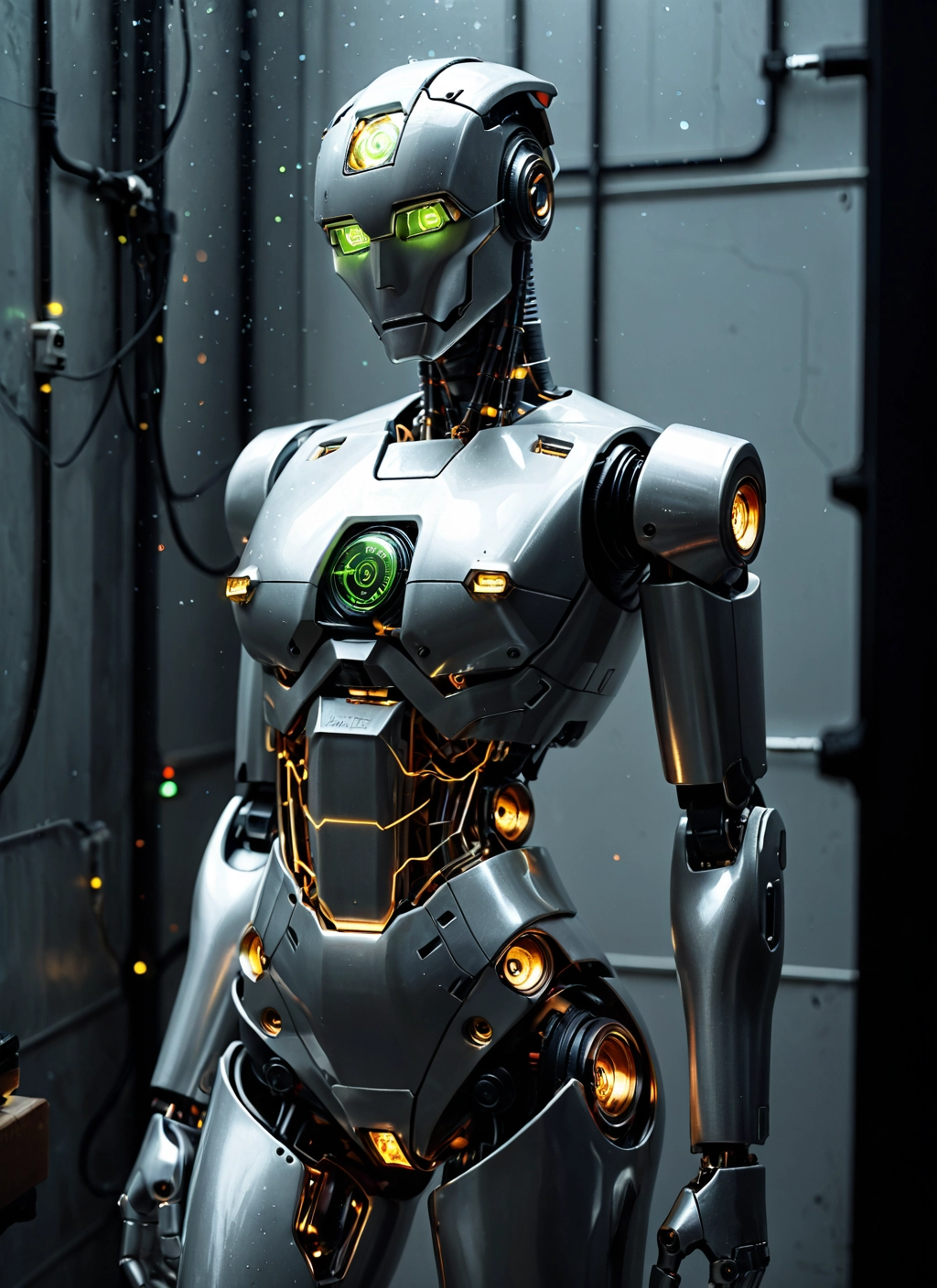 solo, 1girl, cable, glowing, science fiction, robot