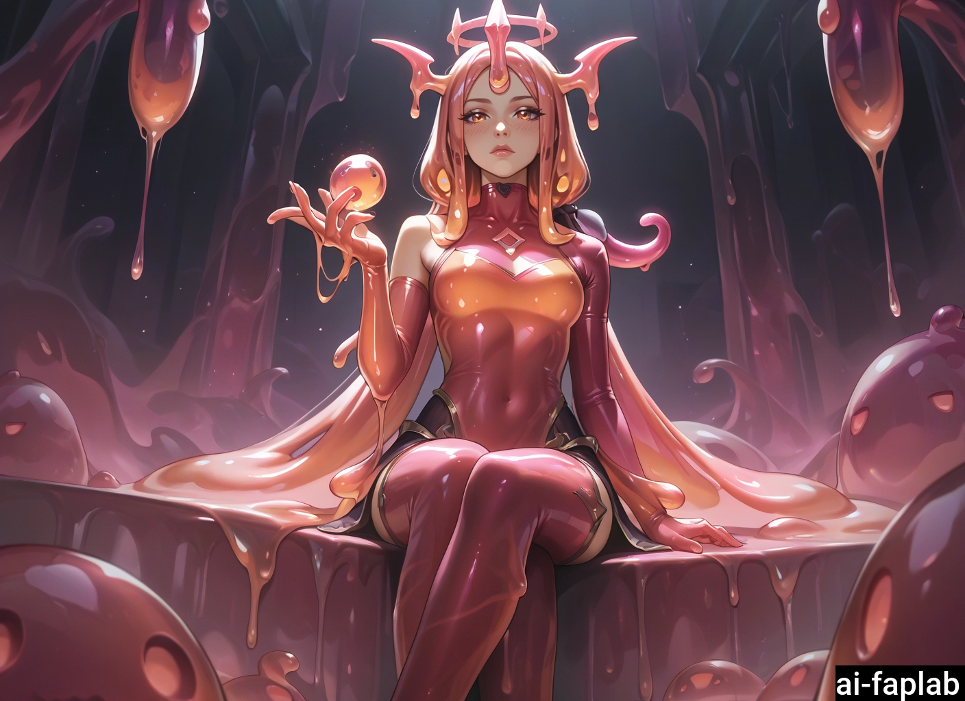 1girl, solo, sitting, thighhighs, looking at viewer, slime girl · Yamete.gg