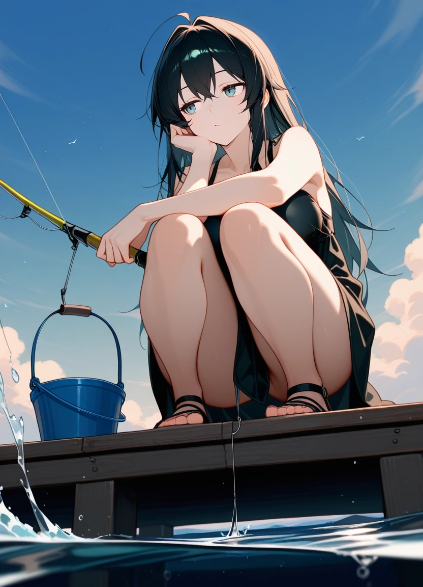 1girl, solo, long hair, blue eyes, sky, black hair · Yamete.gg