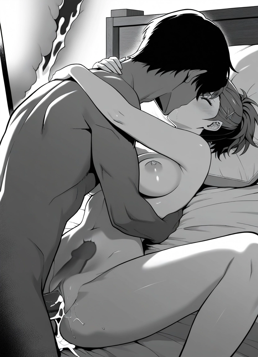 1girl, shiomi kotone, 1boy, hetero, breasts, monochrome · Yamete.gg