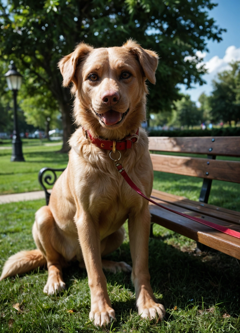 no humans, dog, outdoors, grass, bench, tree · Yamete.gg