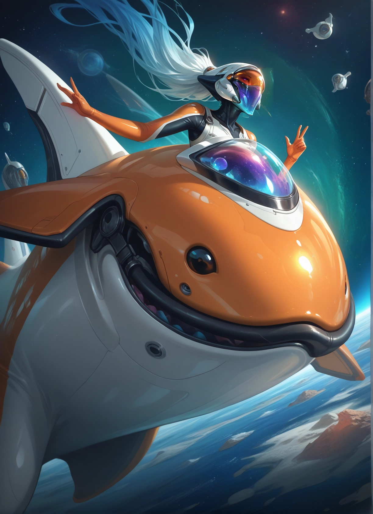 1girl, space, long hair, ponytail, solo, planet