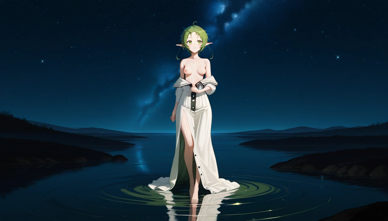1girl, pointy ears, solo, breasts, green hair, nipples · Yamete.gg