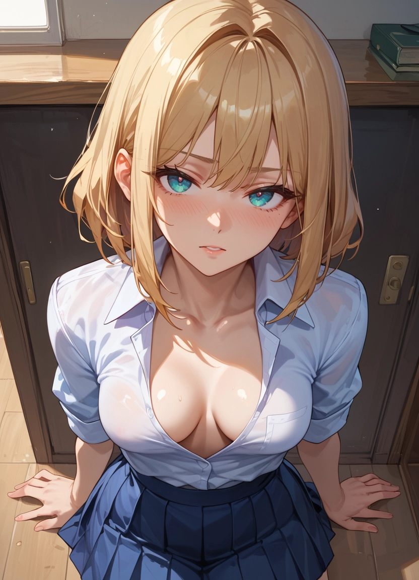1girl, breasts, skirt, solo, shirt, blonde hair