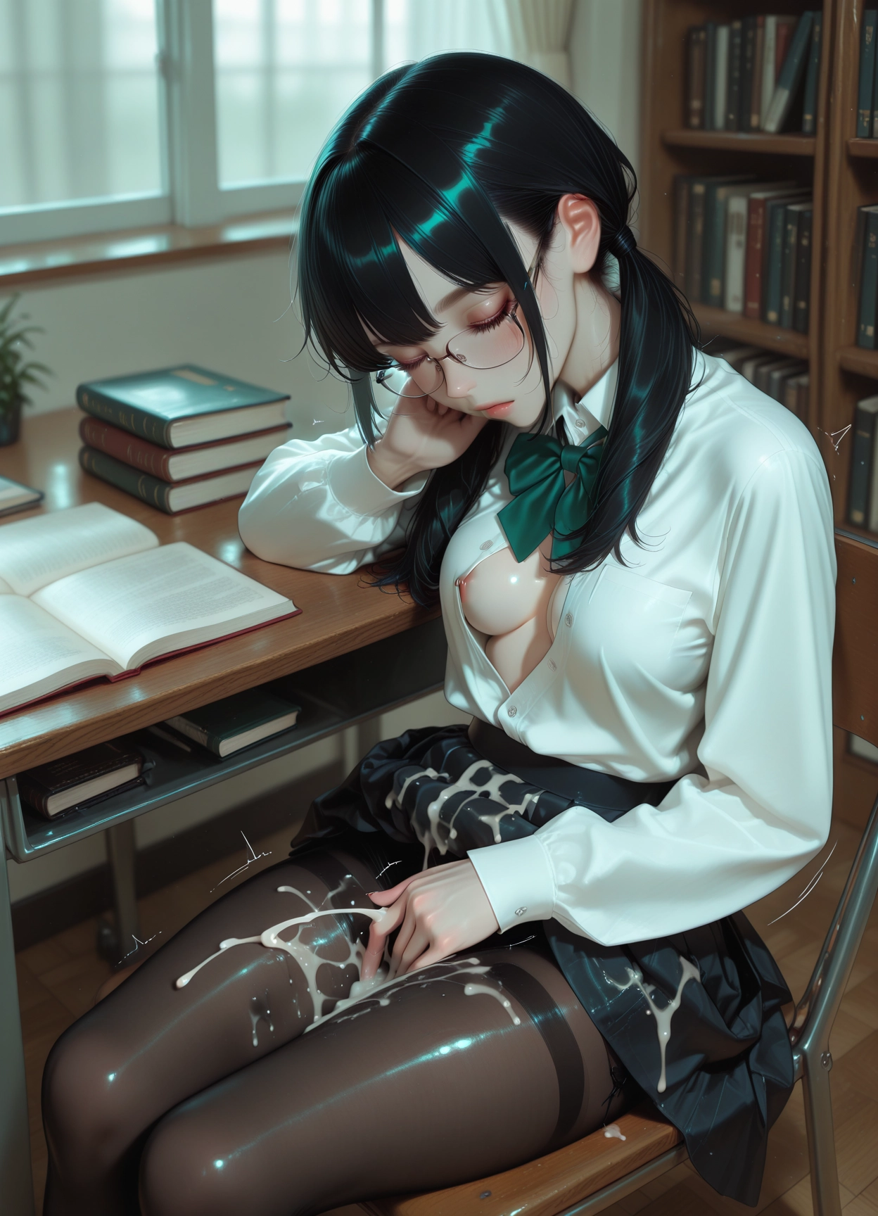 1girl, breasts, indoors, bowtie, book, solo · Yamete.gg