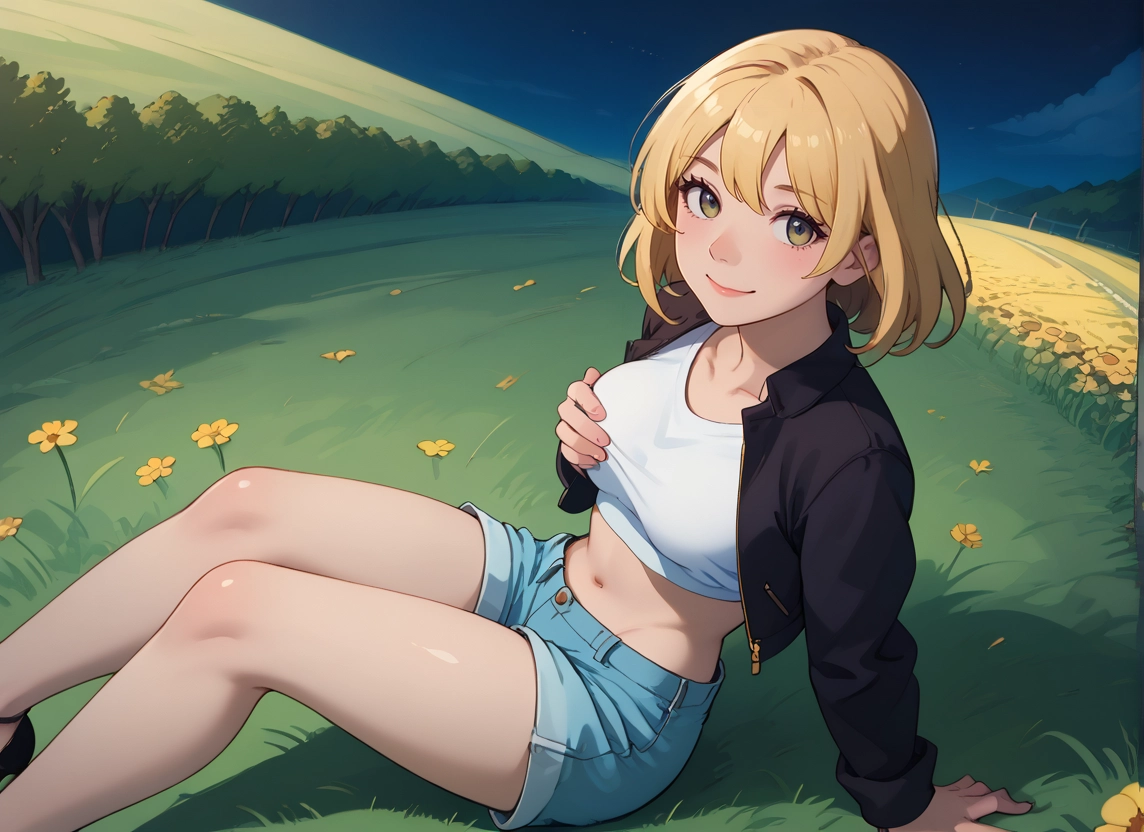 1girl, shorts, solo, navel, smile, flower · Yamete.gg