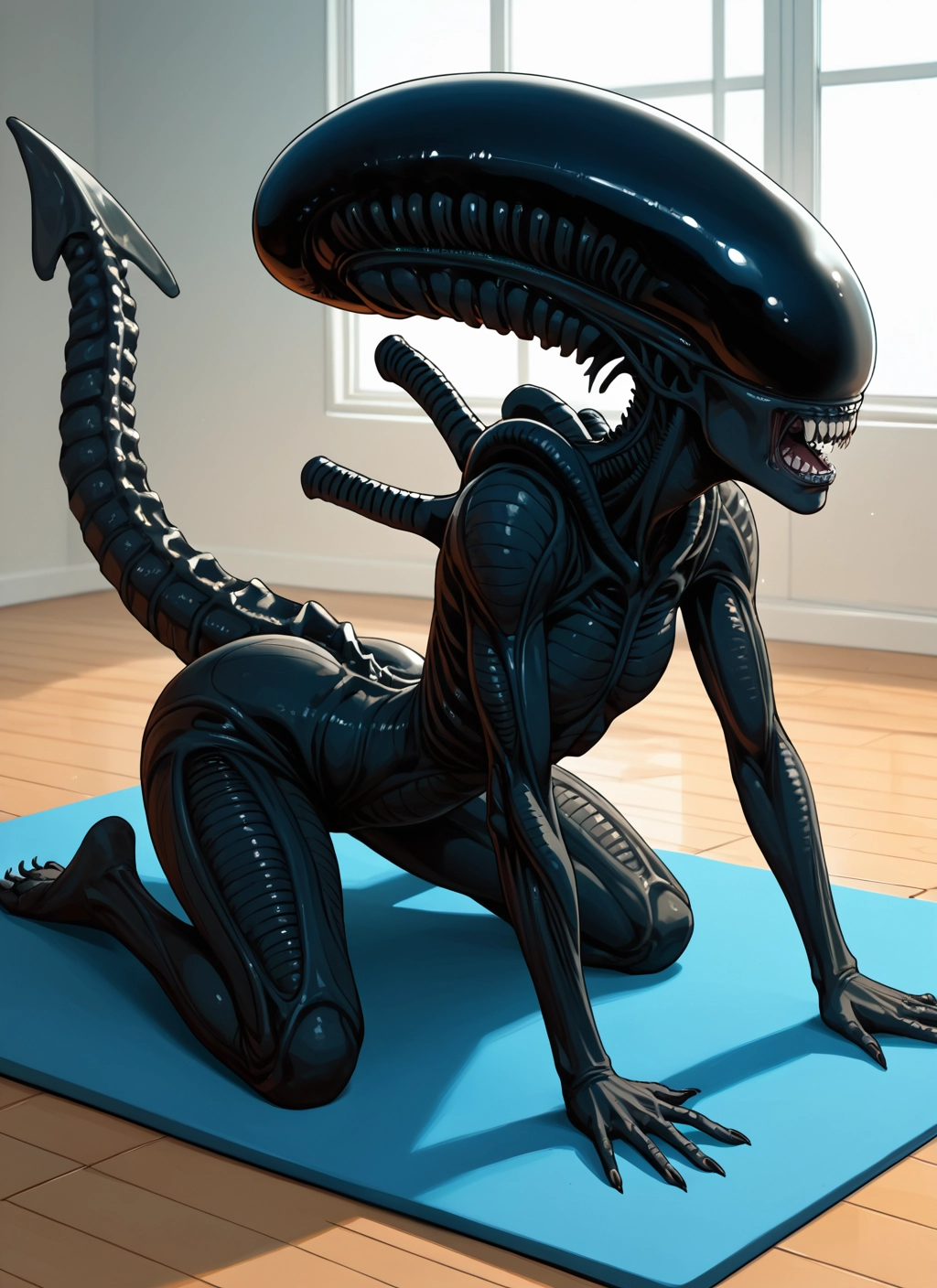 tail, teeth, sharp teeth, solo, open mouth, all fours