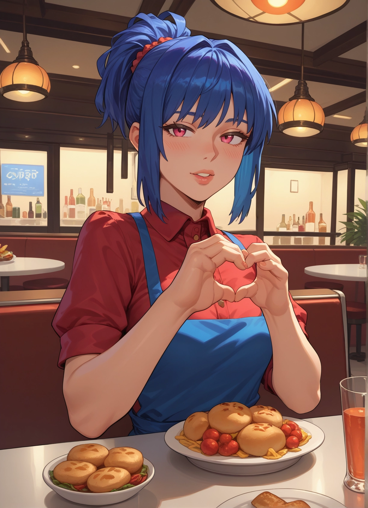1girl, heart hands, heart, solo, shirt, blue hair · Yamete.gg