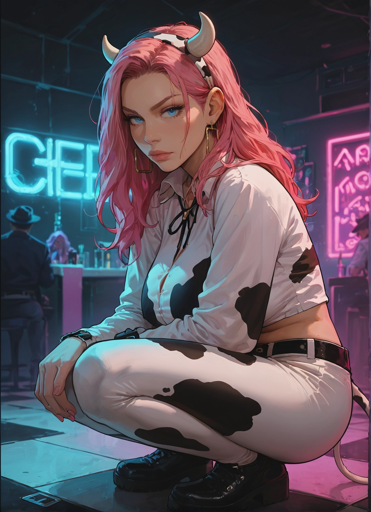 pink hair, horns, animal print, cow print, jewelry, squatting · Yamete.gg