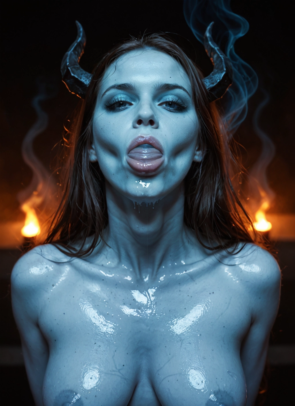 1girl, solo, horns, breasts, nipples, long hair · Yamete.gg