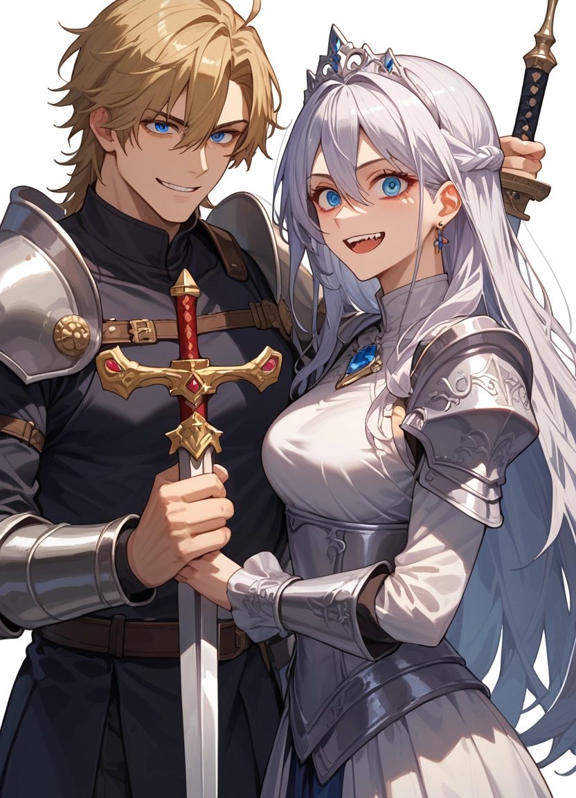 1girl, weapon, 1boy, sword, blue eyes, armor · Yamete.gg