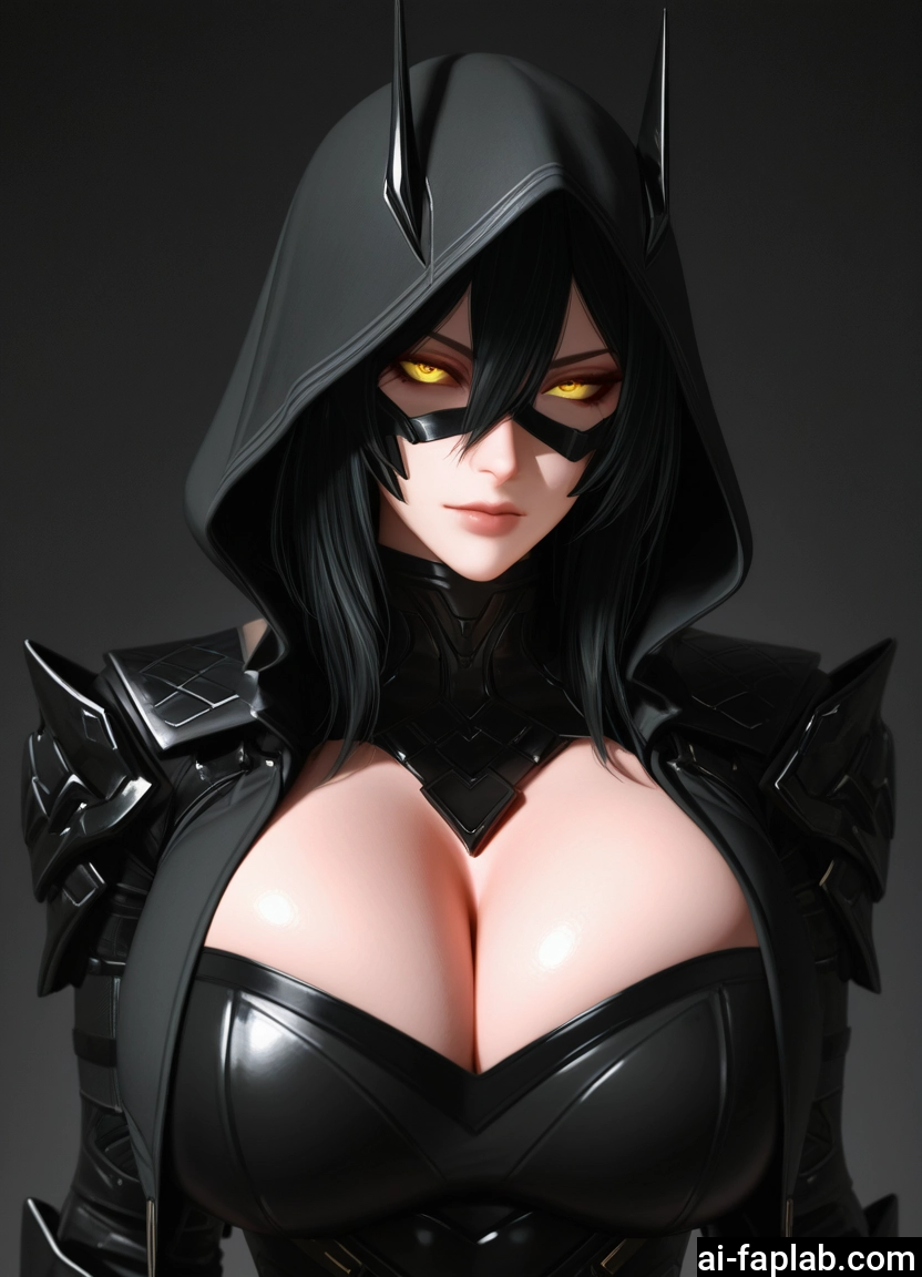 1girl, breasts, yellow eyes, black hair, cleavage, hood · Yamete.gg