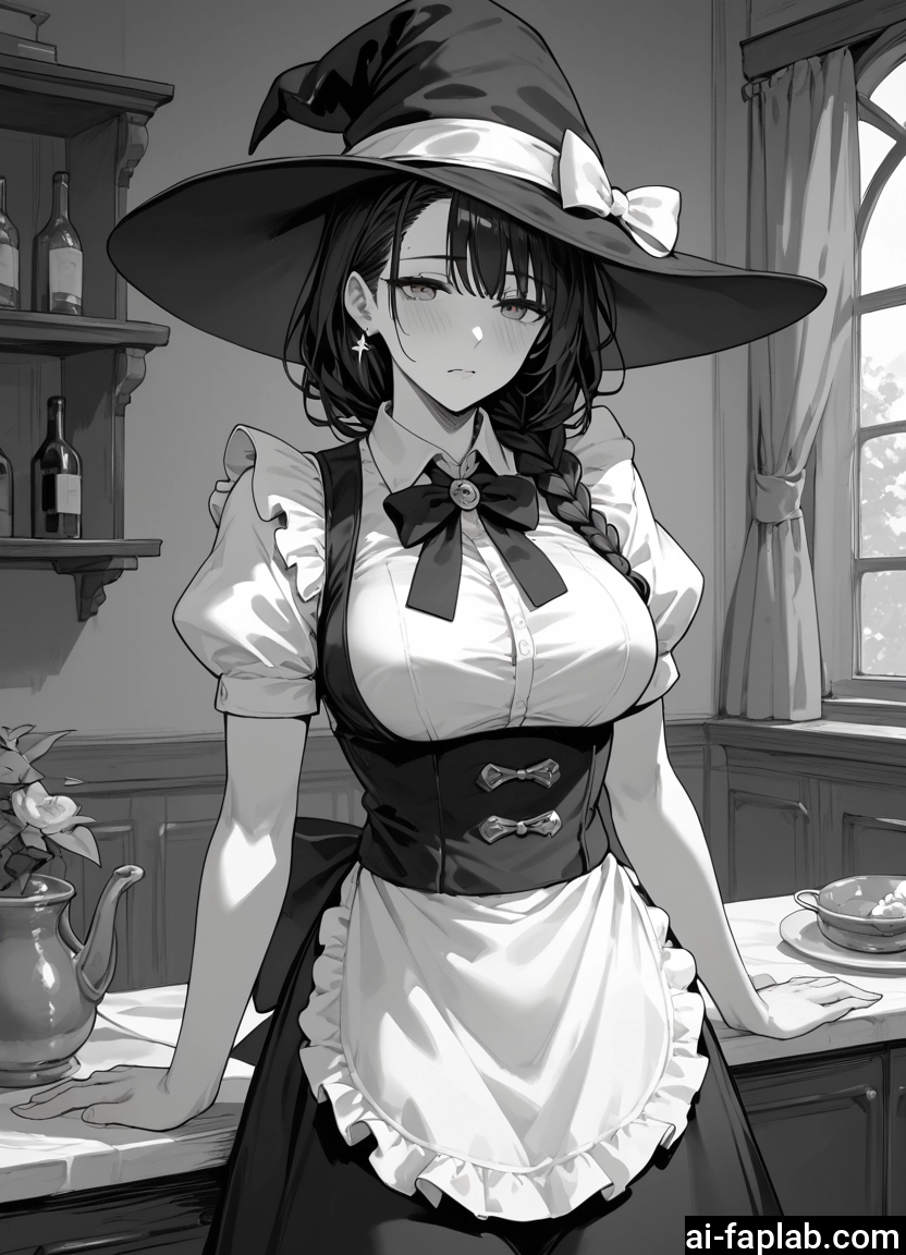 1girl, hat, witch hat, monochrome, greyscale, breasts · Yamete.gg