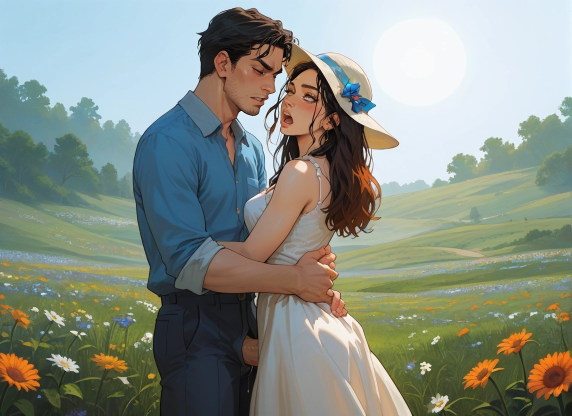 1girl, 1boy, dress, hat, outdoors, white dress · Yamete.gg