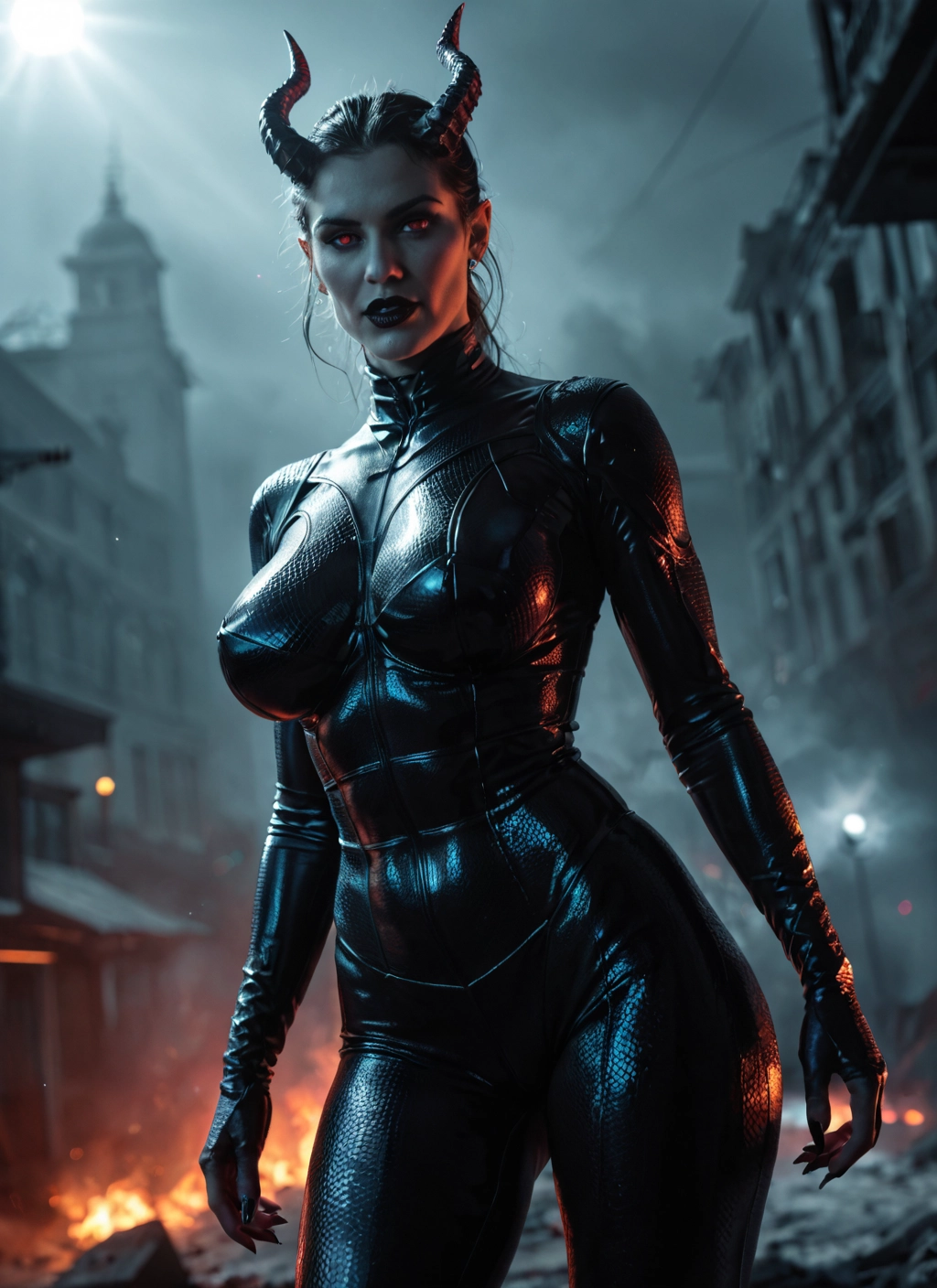 1girl, horns, bodysuit, solo, breasts, latex · Yamete.gg
