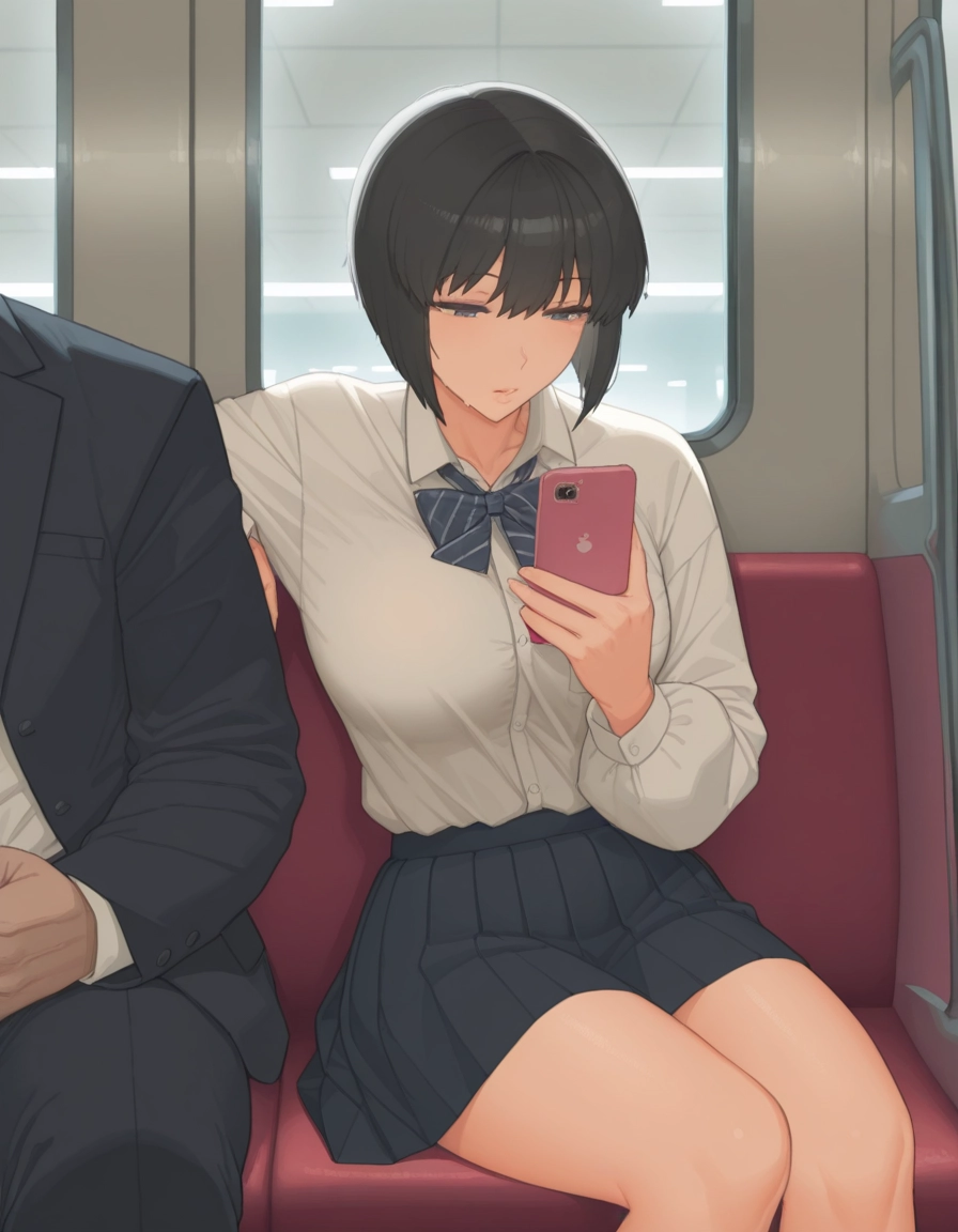 1girl, skirt, phone, cellphone, black hair, sitting · Yamete.gg