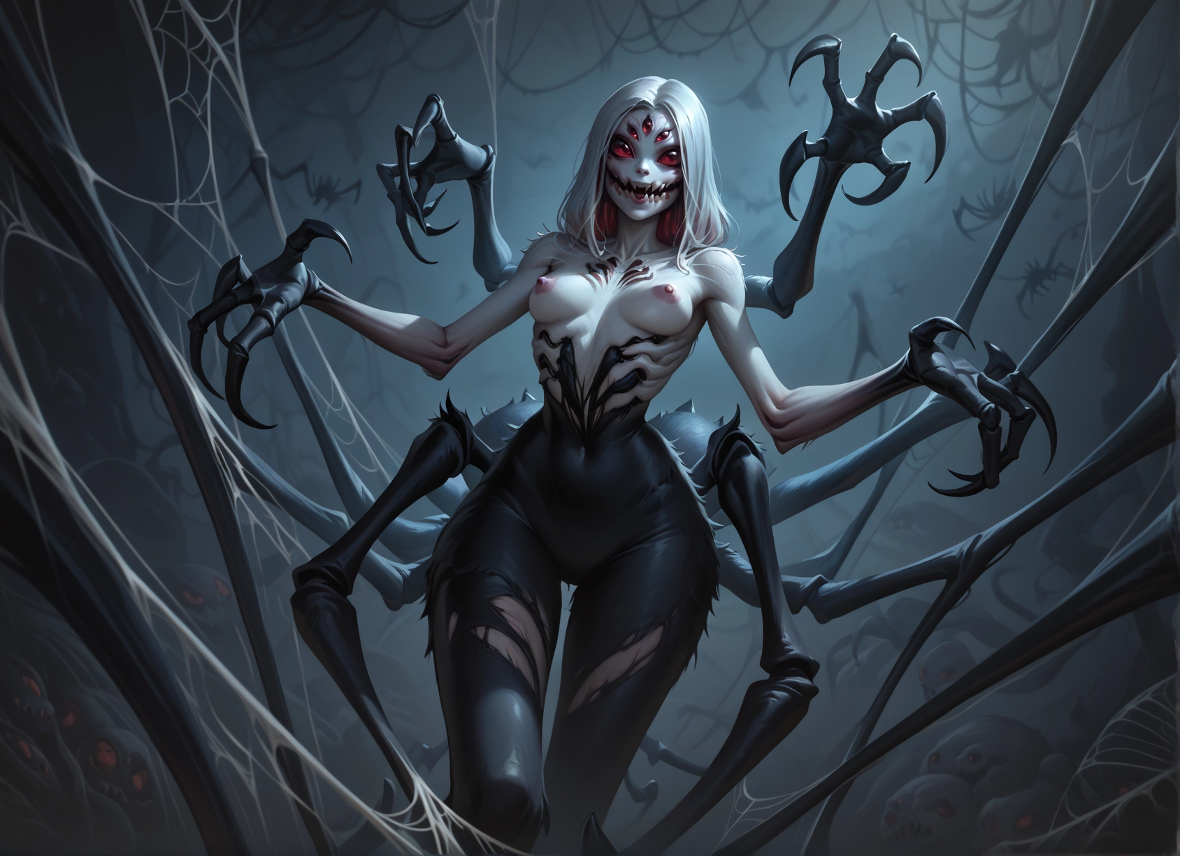 1girl, breasts, nipples, arthropod girl, spider girl, silk · Yamete.gg