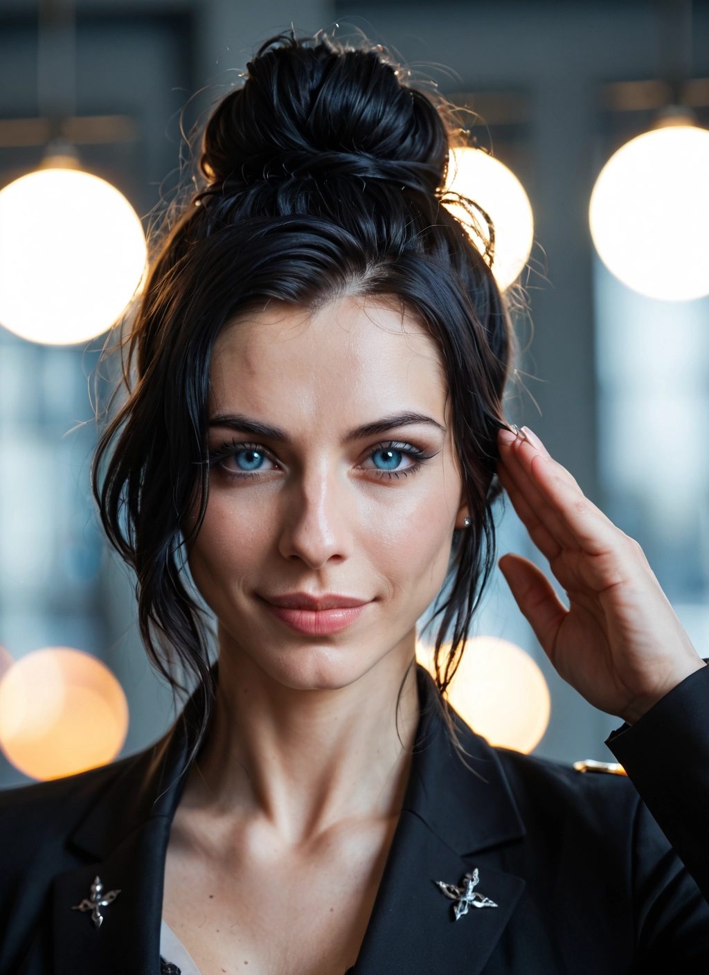 1girl, solo, blue eyes, black hair, hair bun, looking at viewer · Yamete.gg