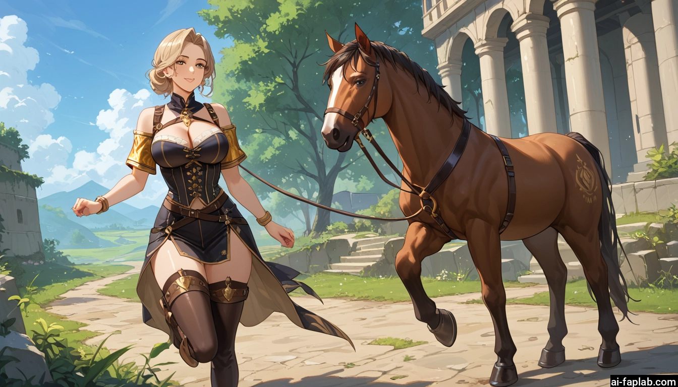 1girl, breasts, thighhighs, horse, blonde hair, large breasts · Yamete.gg