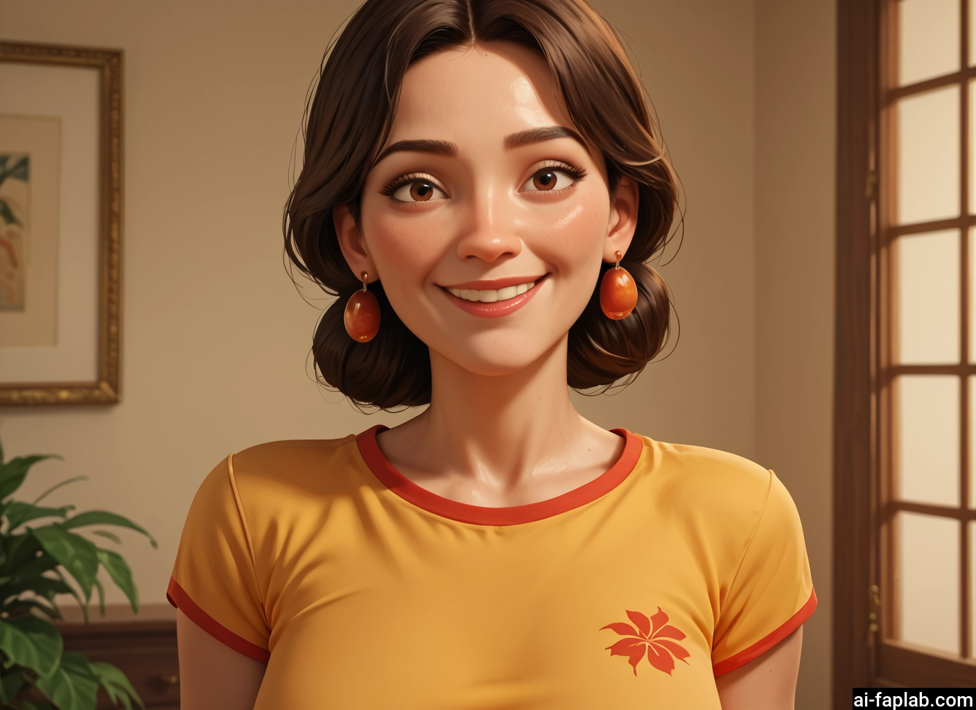 1girl, solo, jewelry, earrings, brown hair, smile · Yamete.gg