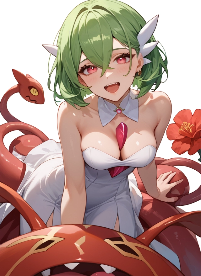 1girl, breasts, green hair, open mouth, dress, flower · Yamete.gg