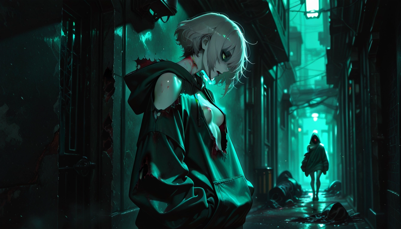 hands in pockets, breasts, short hair, hood, standing, green eyes · Yamete.gg