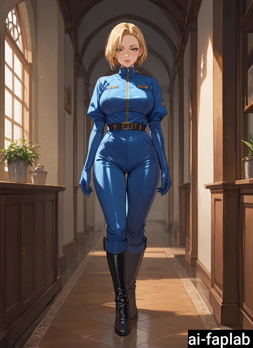 1girl, blonde hair, breasts, solo, blue eyes, boots