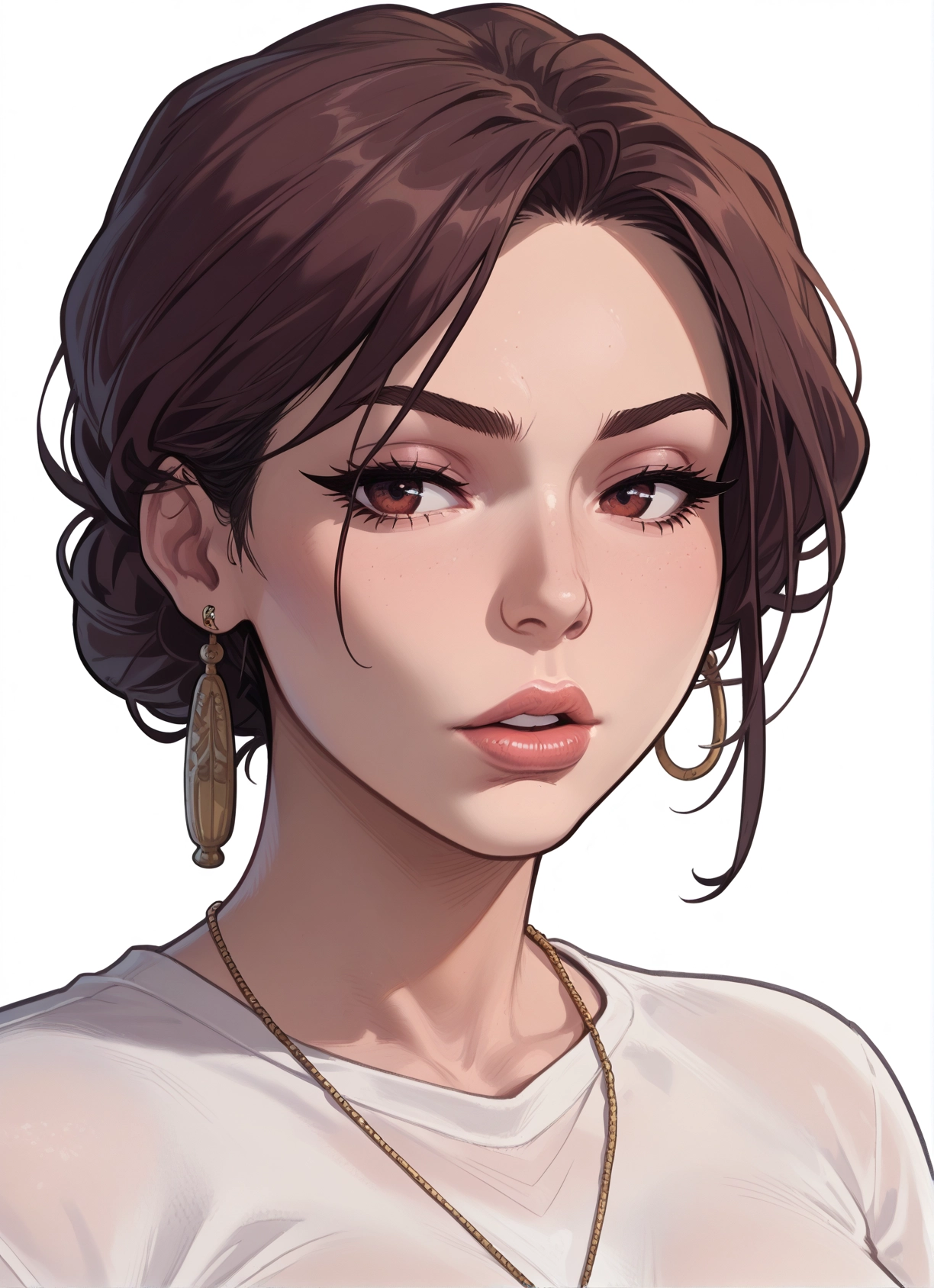 1girl, solo, jewelry, earrings, brown hair, brown eyes · Yamete.gg