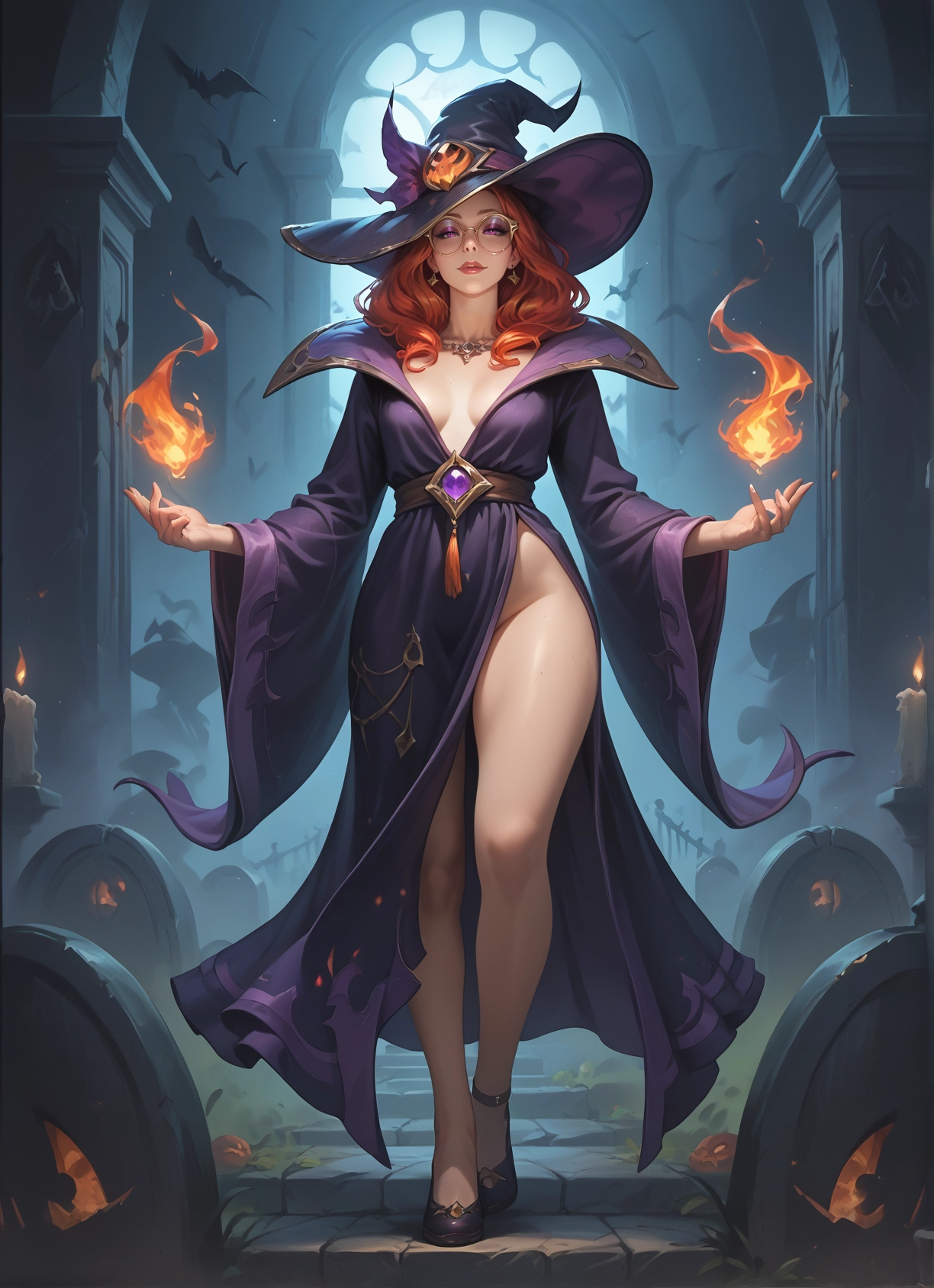 1girl, hat, witch hat, breasts, jewelry, fire · Yamete.gg