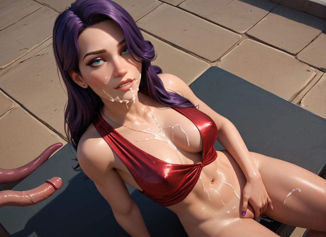 1girl, purple hair, breasts, cum on body, navel, cum · Yamete.gg