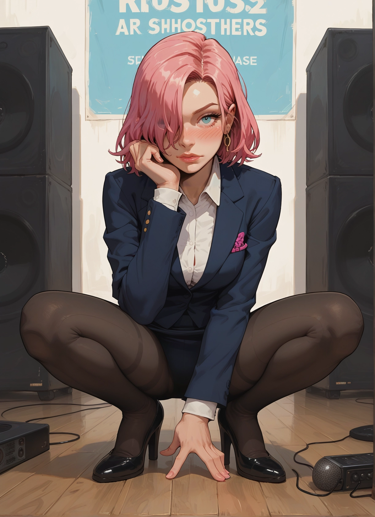 1girl, solo, pantyhose, pink hair, shirt, high heels · Yamete.gg