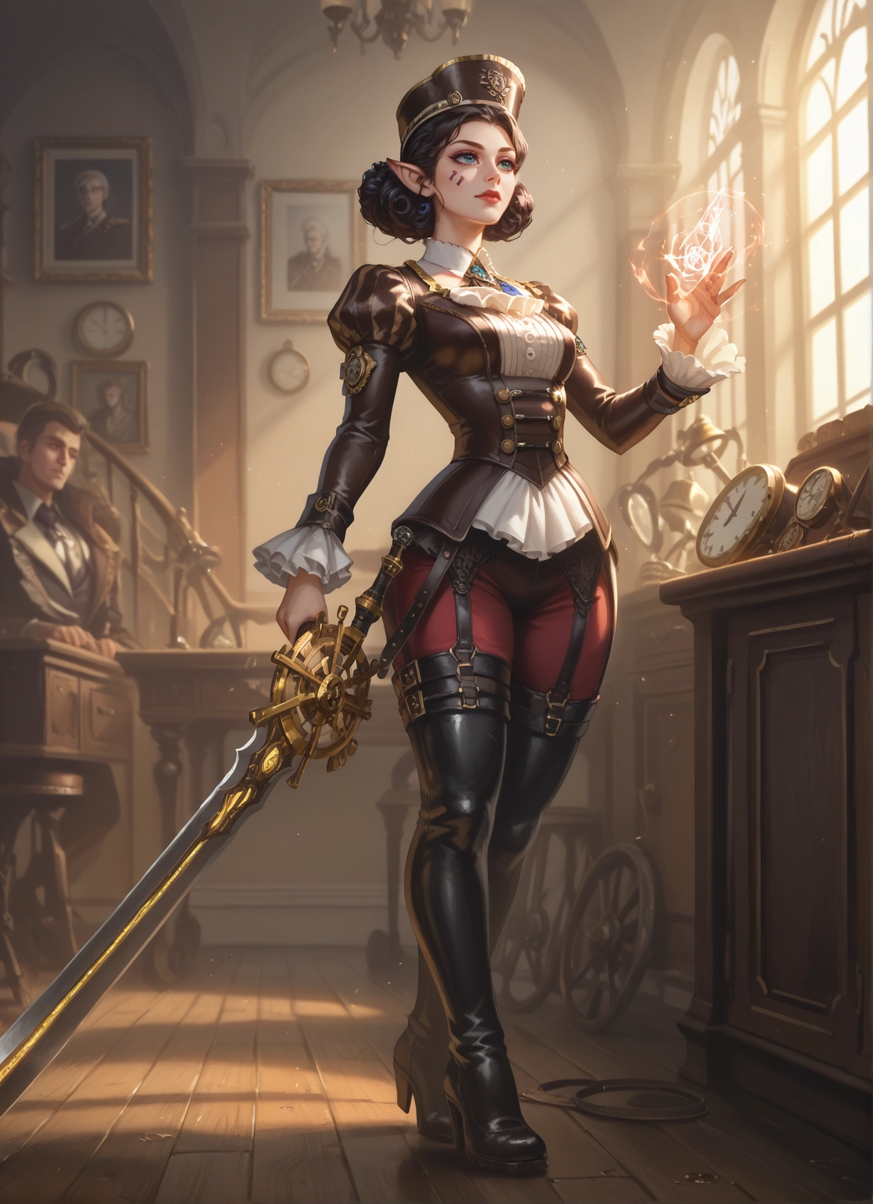 weapon, 1girl, sword, pointy ears, hat, boots · Yamete.gg