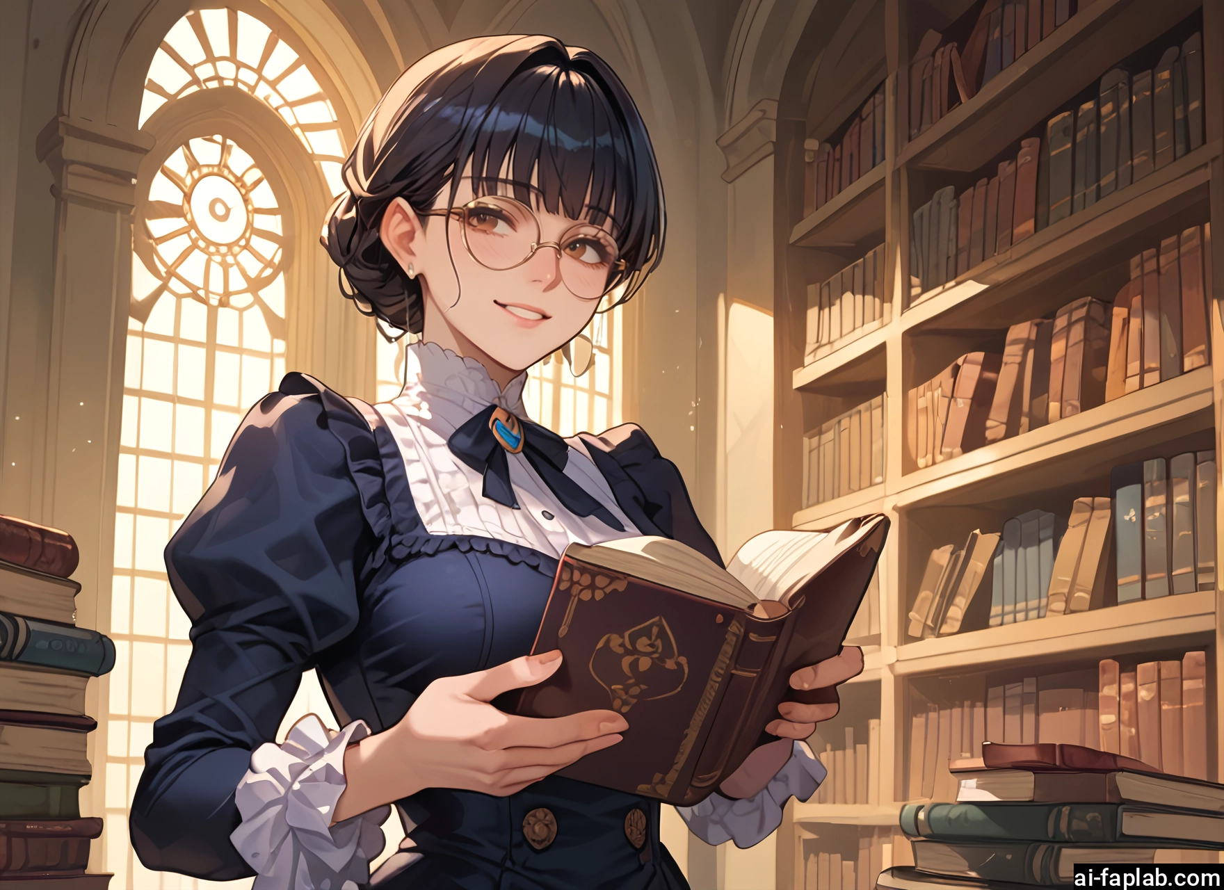 1girl, book, solo, glasses, smile, bookshelf · Yamete.gg