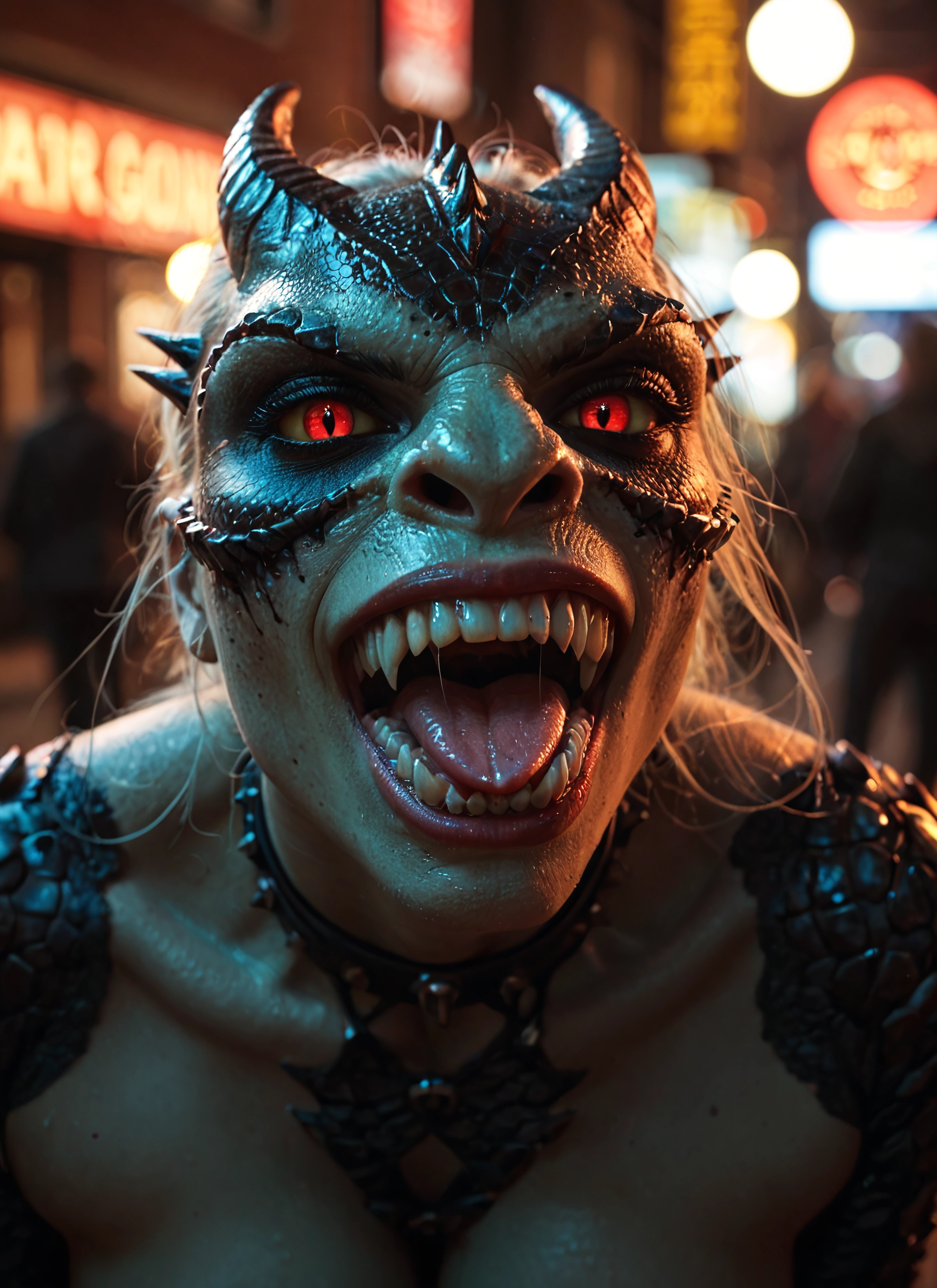 1girl, red eyes, horns, teeth, open mouth, solo · Yamete.gg