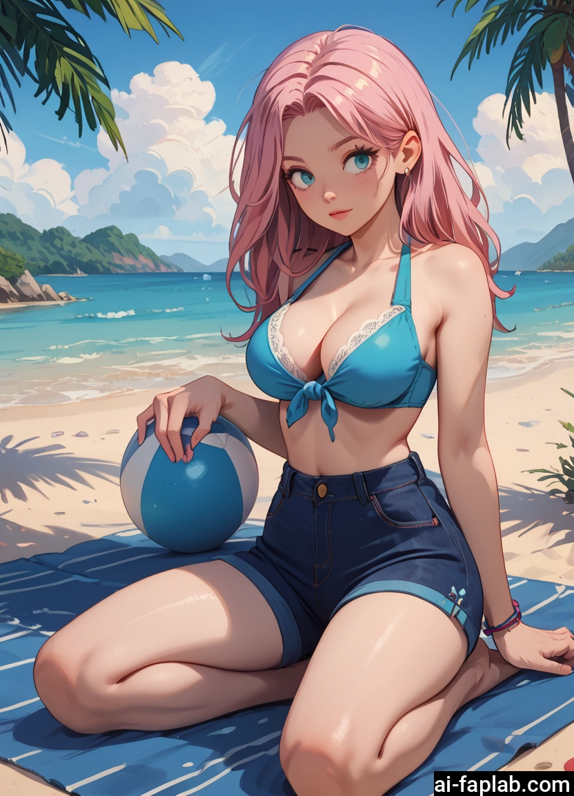 1girl, breasts, shorts, pink hair, solo, beach