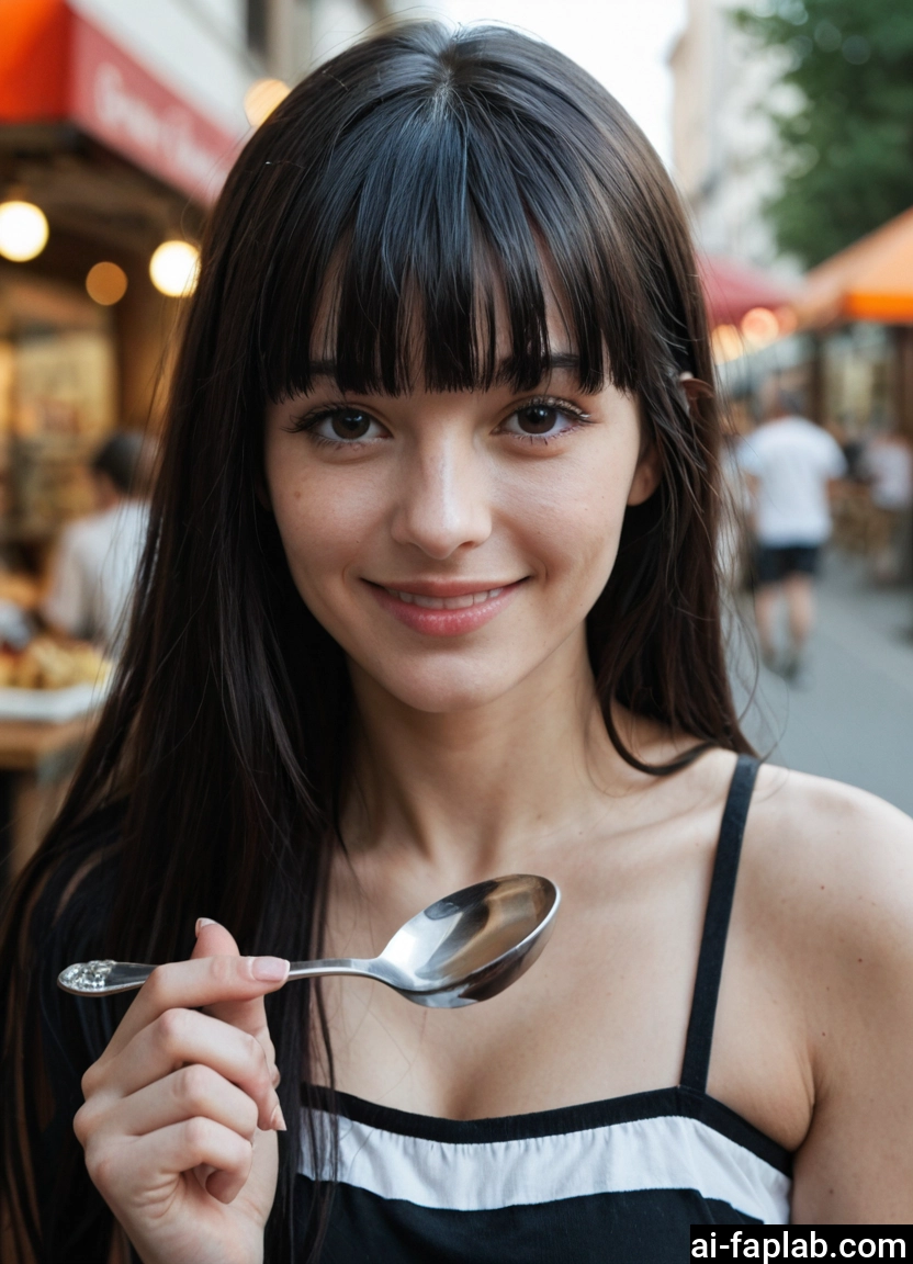 1girl, spoon, smile, long hair, looking at viewer, black hair · Yamete.gg