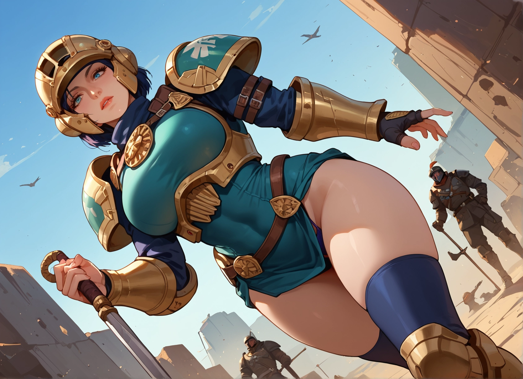 1girl, weapon, sword, helmet, thighhighs, armor · Yamete.gg