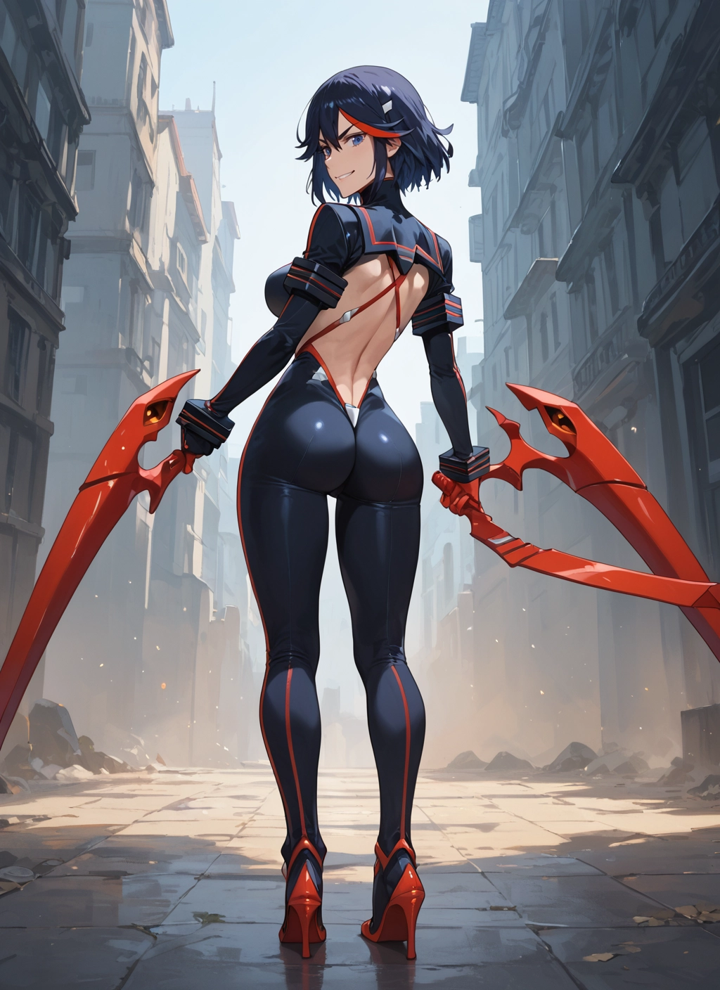 1girl, ass, scissor blade, high heels, multicolored hair, black hair