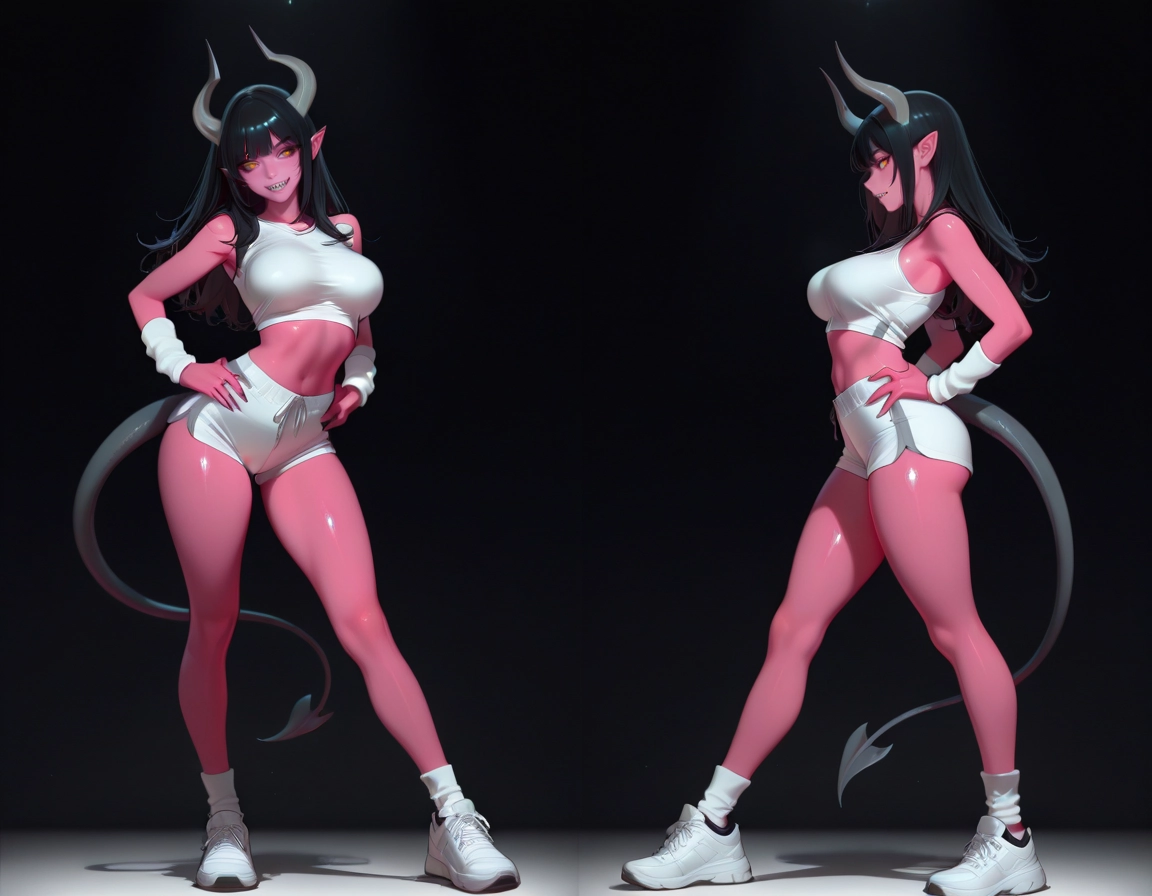 1girl, horns, demon girl, tail, white shorts, smile · Yamete.gg