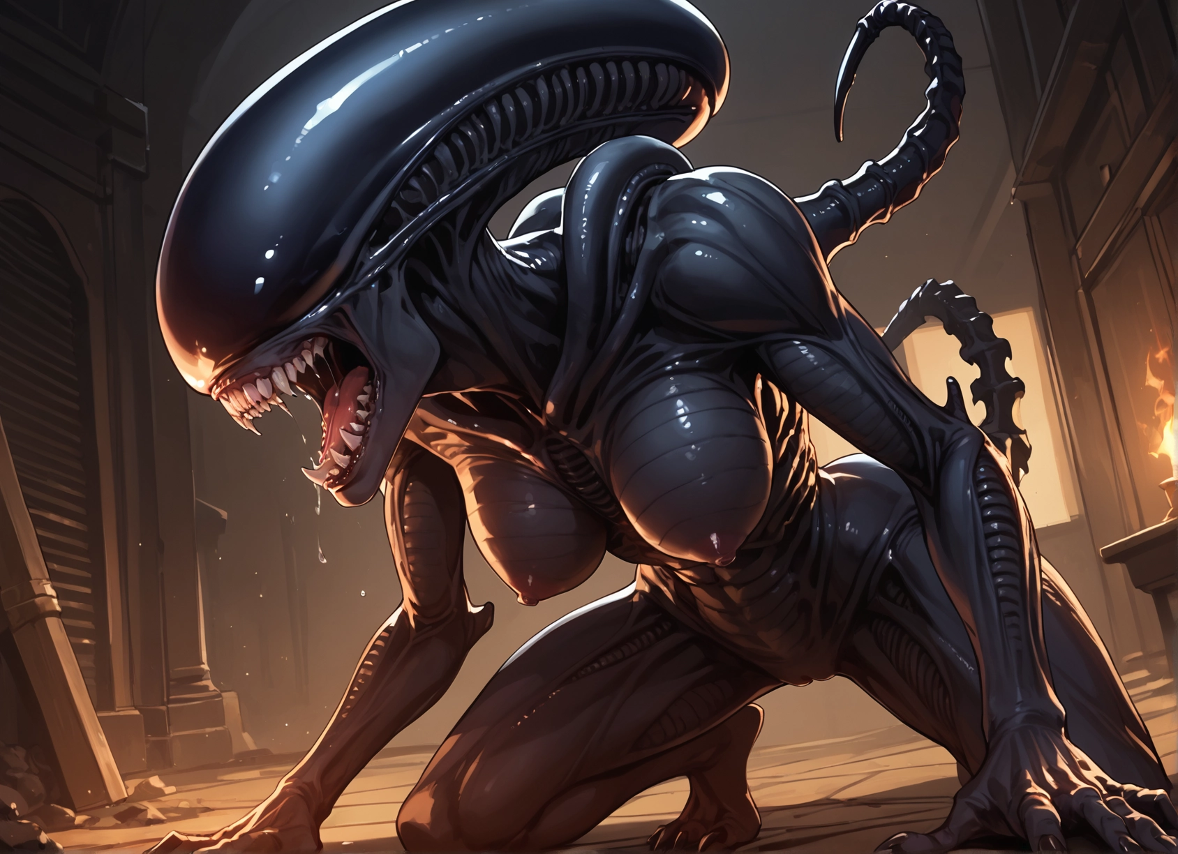1girl, breasts, nipples, teeth, solo, tail · Yamete.gg