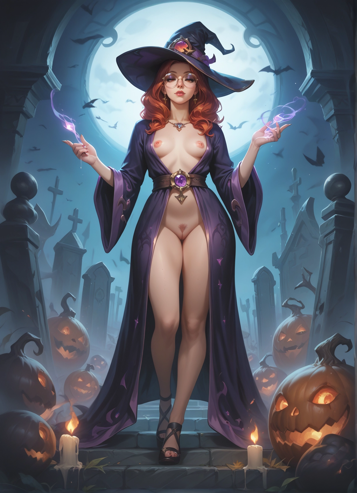 1girl, hat, breasts, nipples, witch hat, solo · Yamete.gg