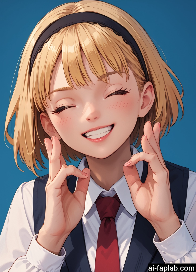 1girl, blonde hair, solo, smile, closed eyes, necktie · Yamete.gg