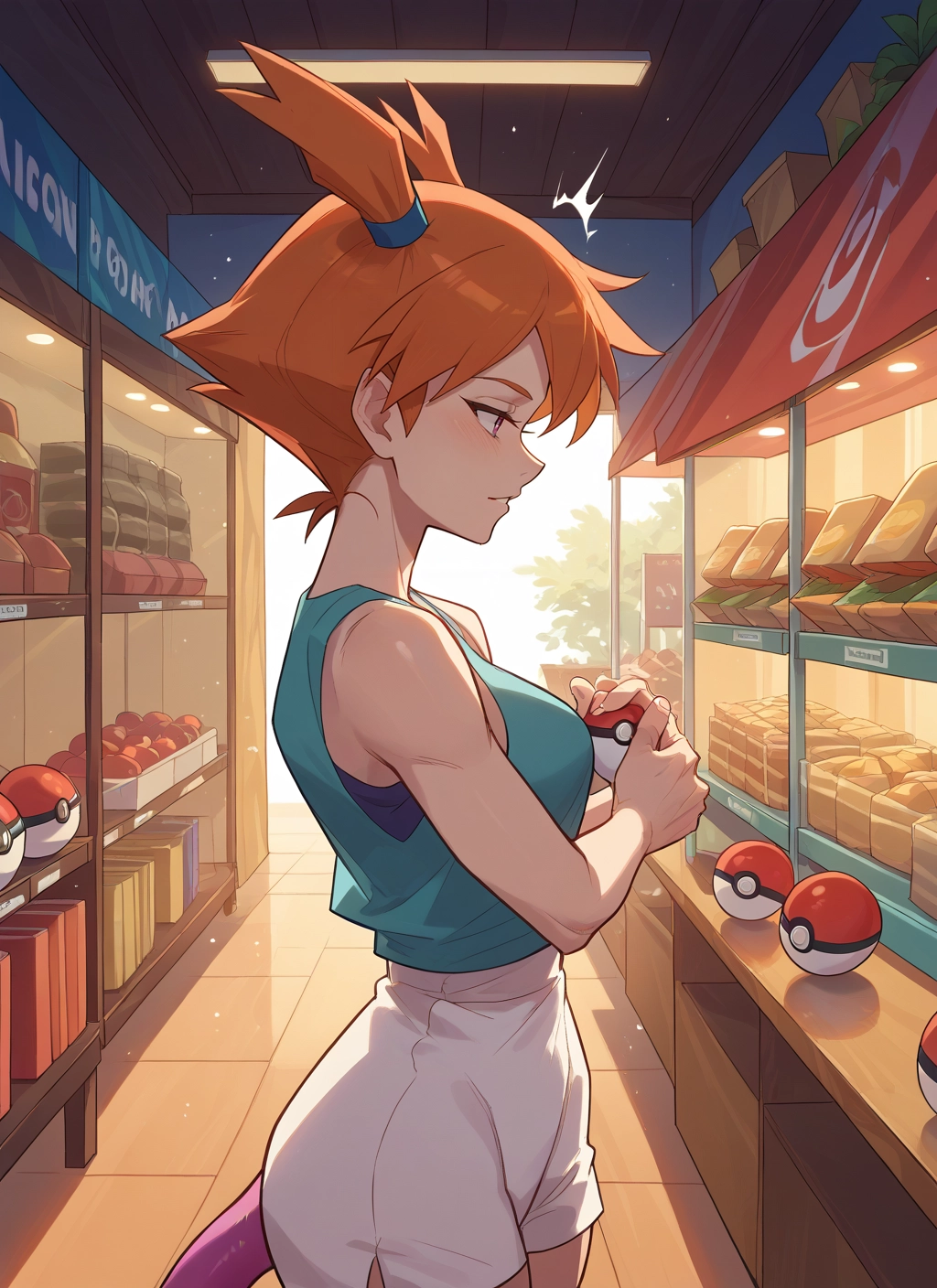 1girl, orange hair, shorts, holding, solo, breasts · Yamete.gg