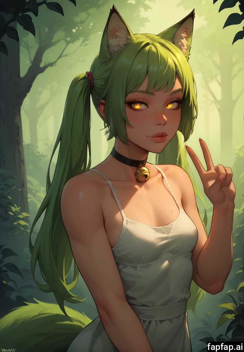 1girl, solo, animal ears, bell, green hair, breasts · Yamete.gg