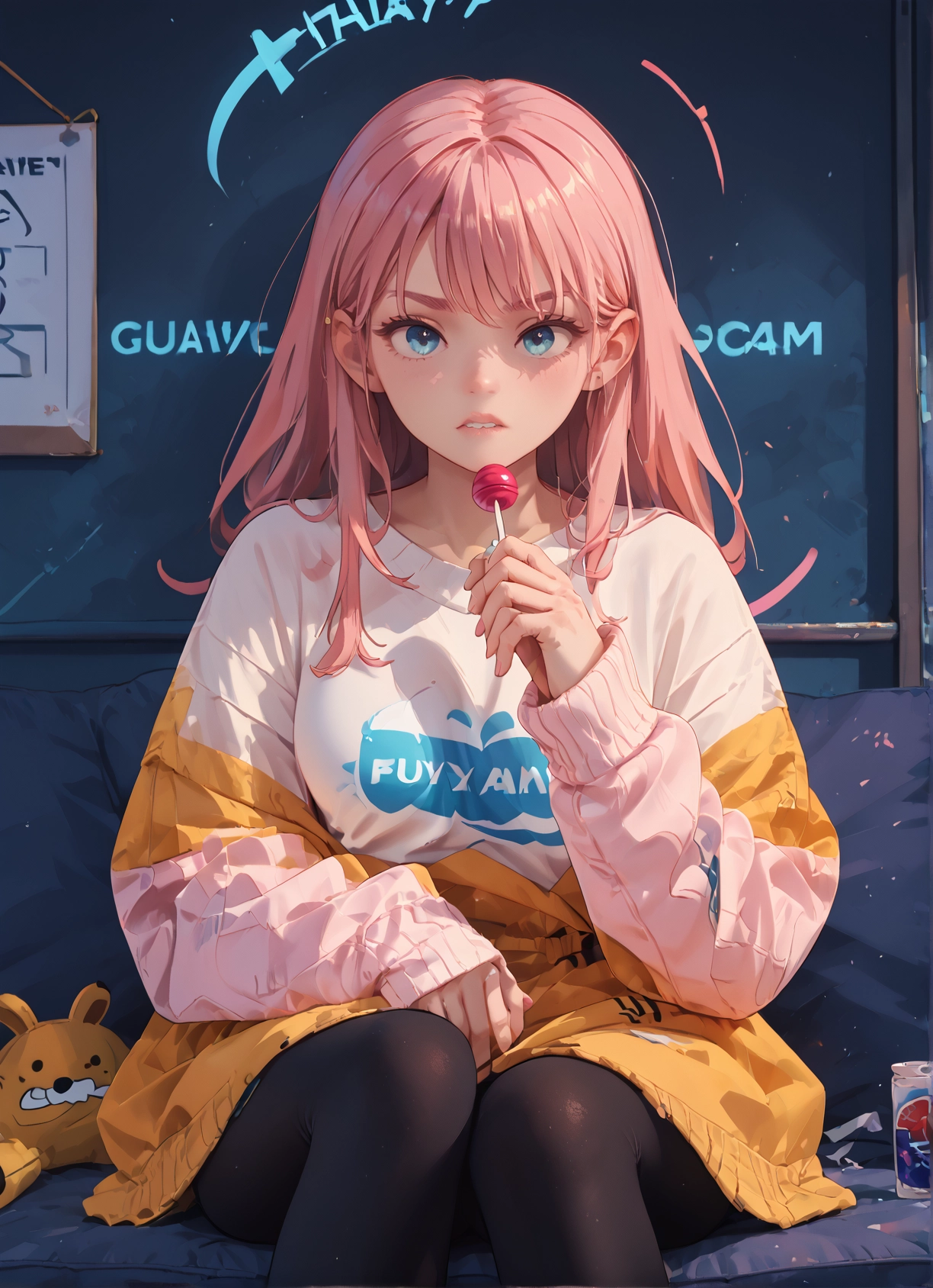 1girl, food, candy, lollipop, solo, pink hair · Yamete.gg