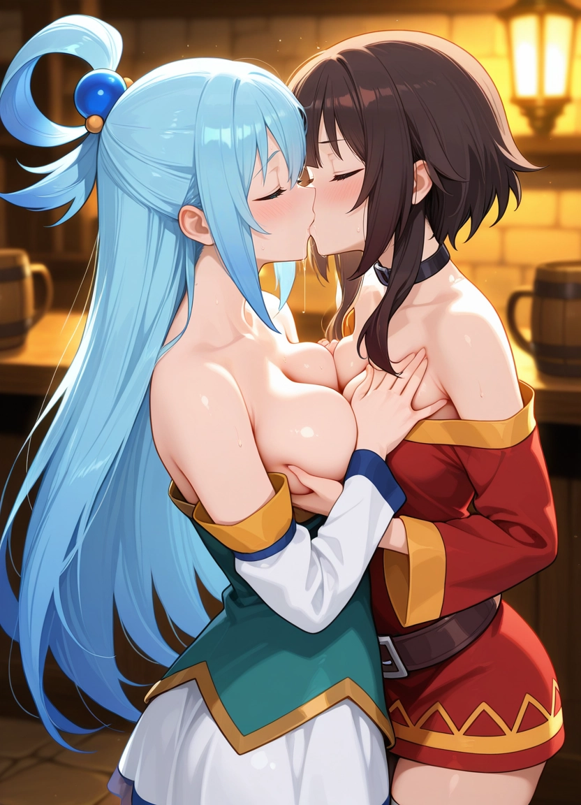 breasts, yuri, multiple girls, 2girls, aqua (konosuba), megumin · Yamete.gg